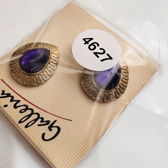Vintage Galleria Gripoix Glass Earrings Cabochon Clip On Purple Gold Teardrop 46 - Picture 11 of 11